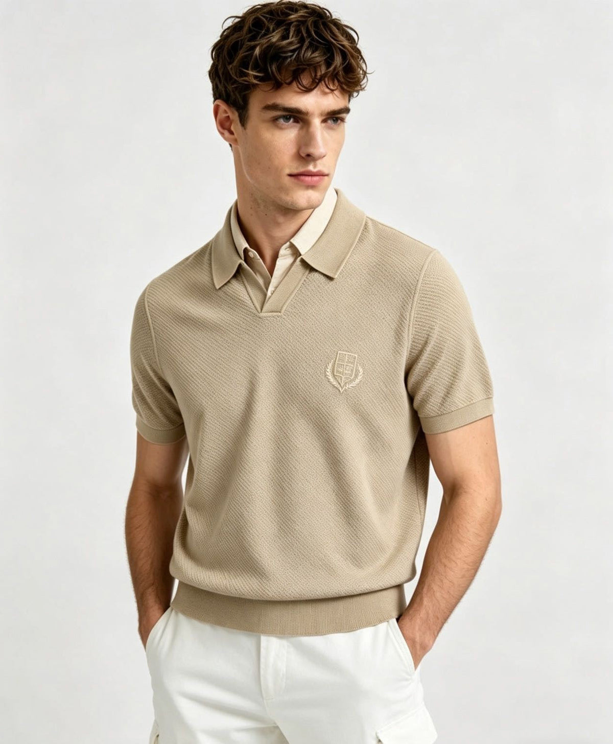 Textured Knit V-Neck Polo | Beige