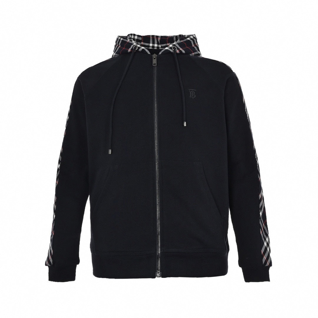 TB Monogram Zip-Up Checked Trim Hoodie | Navy