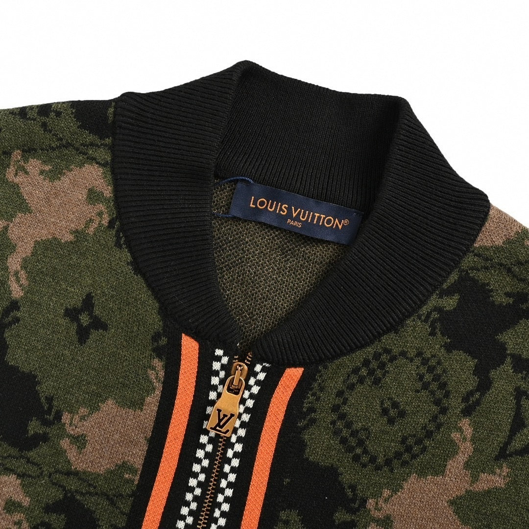 Monogram Camouflage Knit Bomber | Green & Orange