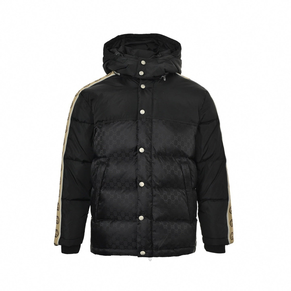 GG Jacquard Nylon Puffer Jacket with Sleeve Tape | Black
