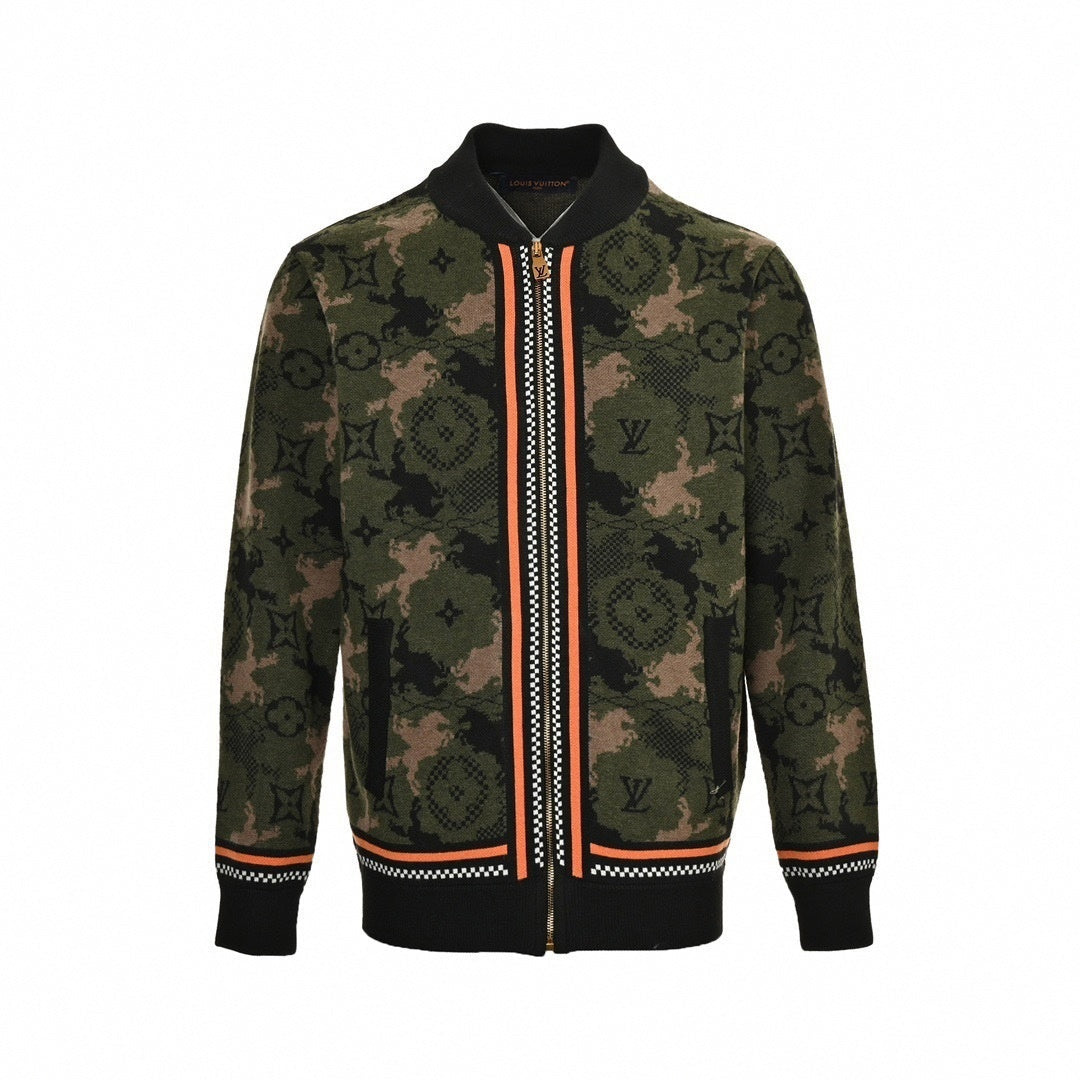 Monogram Camouflage Knit Bomber | Green & Orange