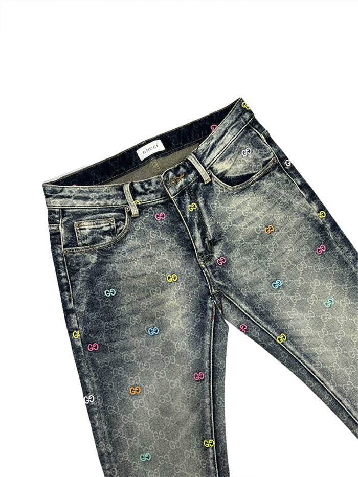 Multi-Color Embroidered GG Monogram Jeans | Washed Black