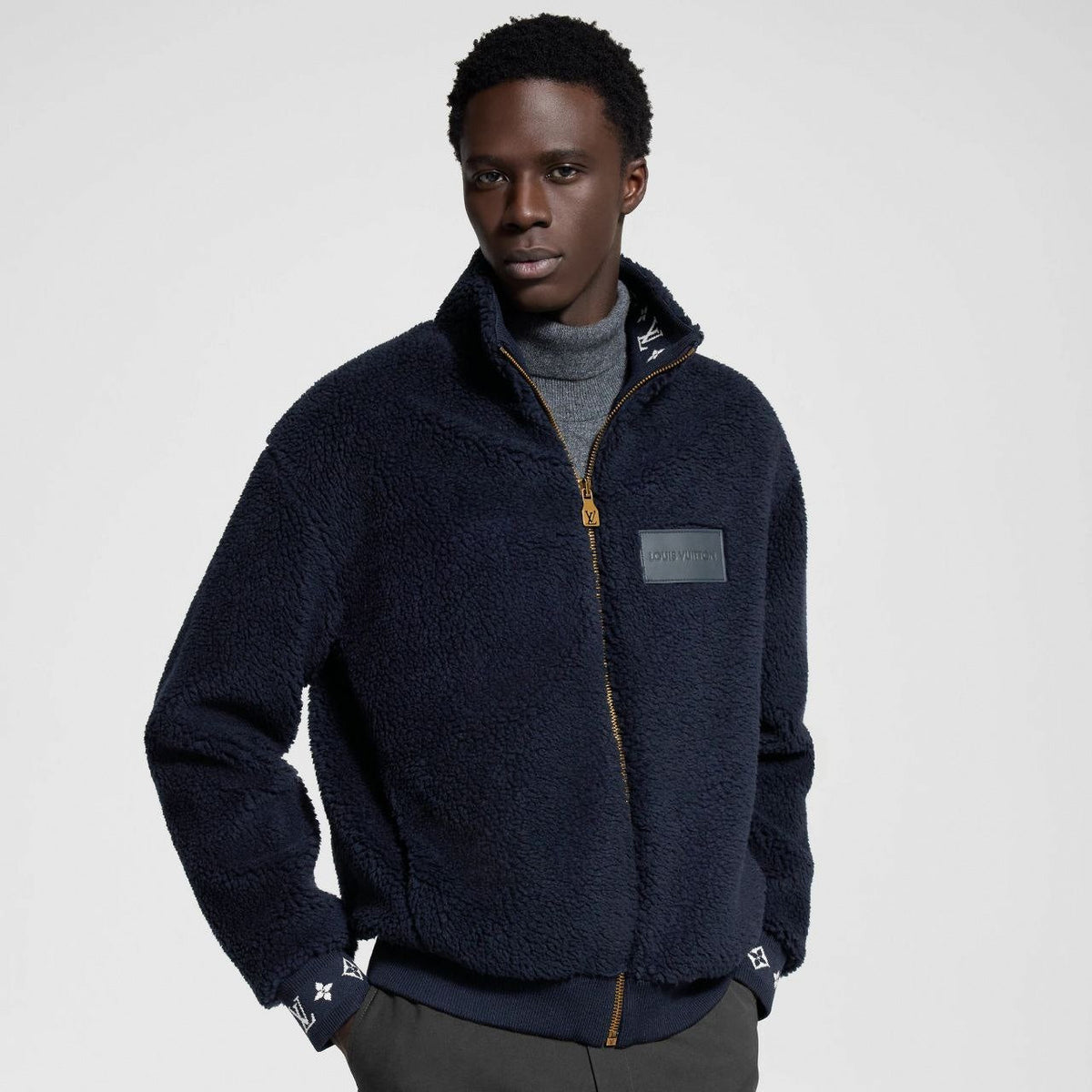Monogram Cuff Textured Fleece Jacket | Black